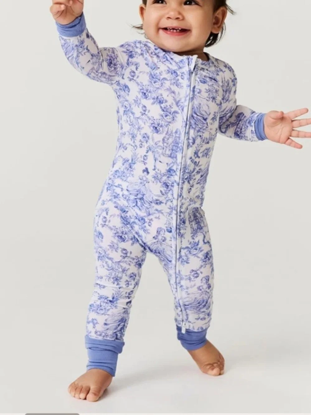 Posh Peanut White and Blue Floral Zip Footie Pajamas